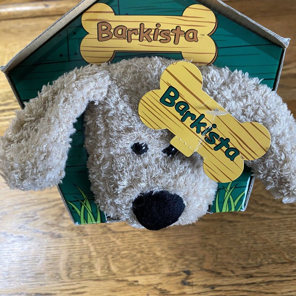 Vtg 2003 Barkista Starbucks Plush Dog Toy in Doghouse Light Beige